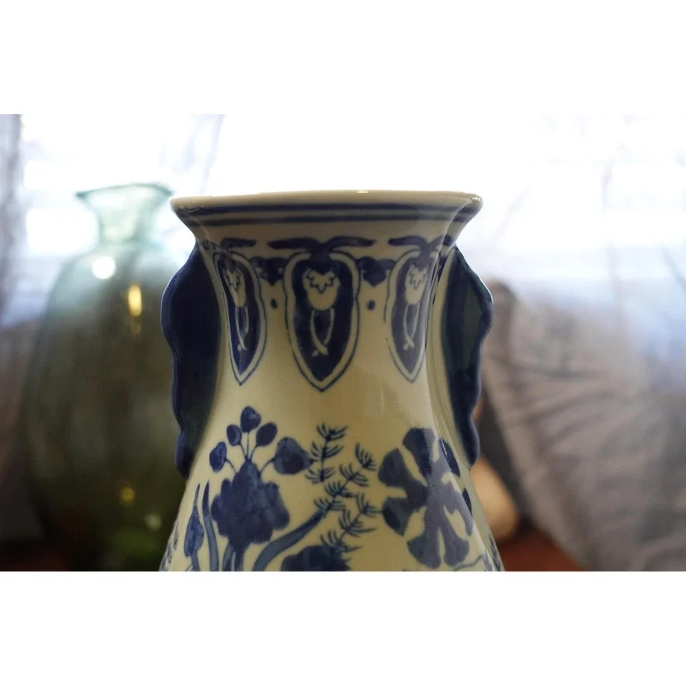 Blue and White Chinoiserie Fish‎ Motif Ceramic Vase with Handles 11 Inch Tall